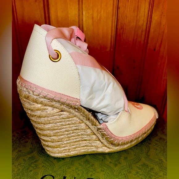 BNWT!!! Gucci Wedge Canvas Pretty in Pink Tie Wrap Up Sandals - Picture 6 of 9